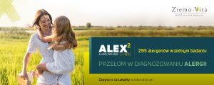 Obrazek przedstawia baner testów ALEX. Treść banera: ALEX 295 alergenów w jednym badaniu.