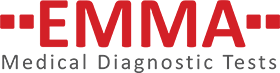 Logo, Czerwone drukowane litery EMMA z dolnym szarym napisem Medical Diagnostic Tests